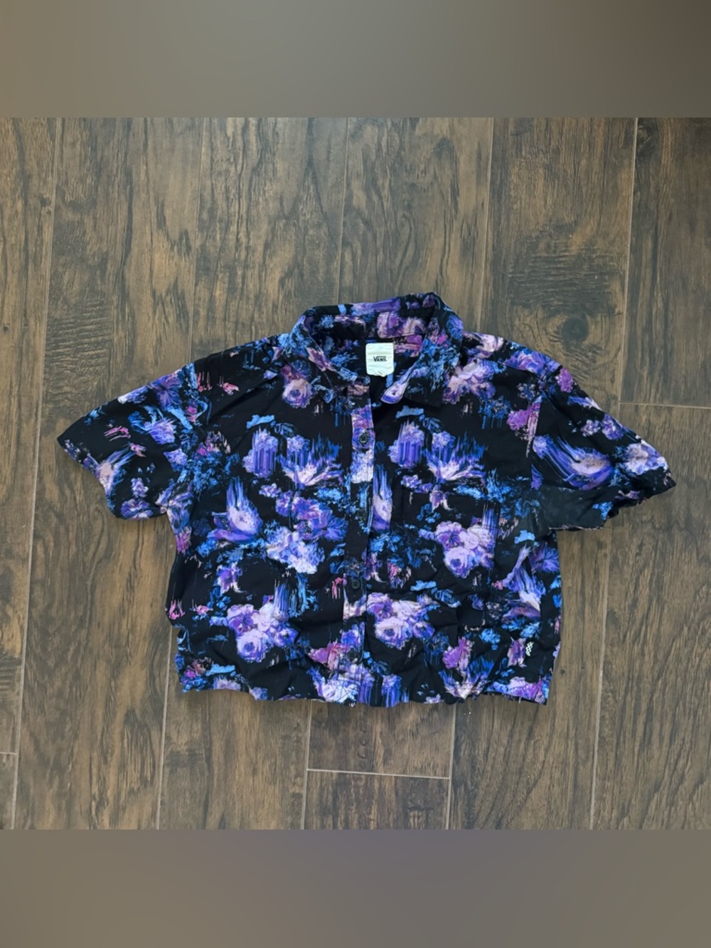 Vans Small Purple and Black Floral Button Up Crop Top